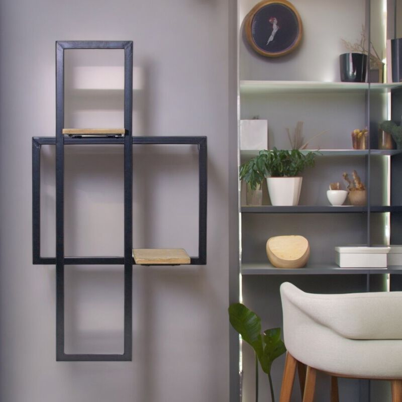 Iron Metal Wall Hanging with Wood Shelves for Decorative Display