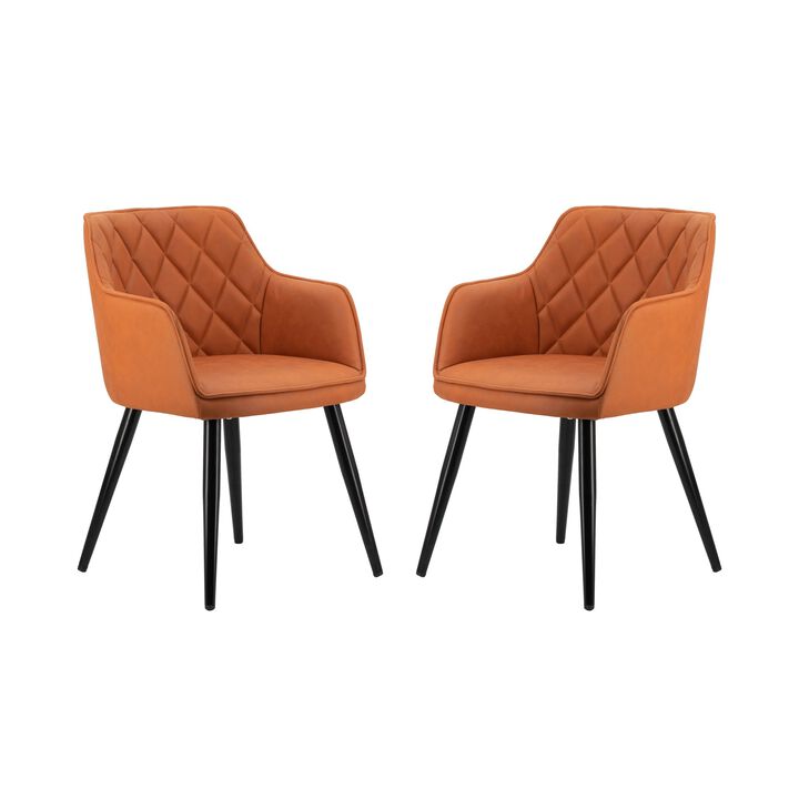 Erin 24 Inch Curved Dining Chair, Orange Fabric, Diamond Pattern Tufting - Benzara