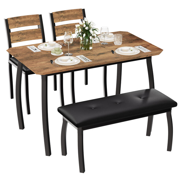 Modern 4-Piece Dining Set, Rustic Wood Table with Bench & 2 Padded Chairs, Space-Saving for Small Dining Room, Apartment & Studio