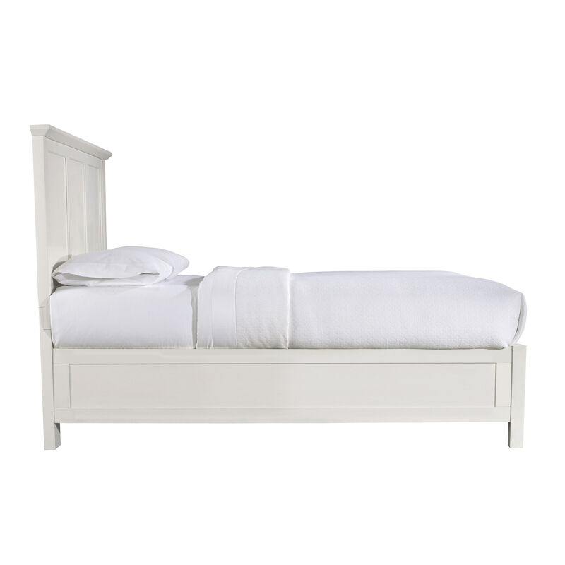 Neo King Size Bed, Panel Design Farmhouse Wood Frame with Slats, White - Benzara