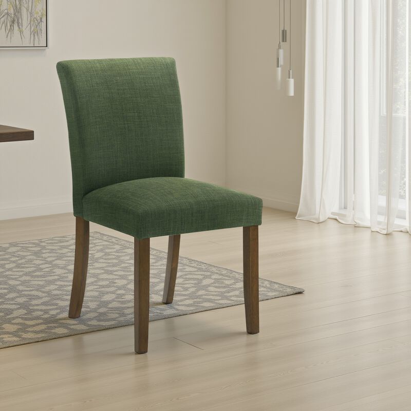 Cana Dining Chair Set of 2, Green Fabric Foam Cushion, Brown Wood Legs - Benzara