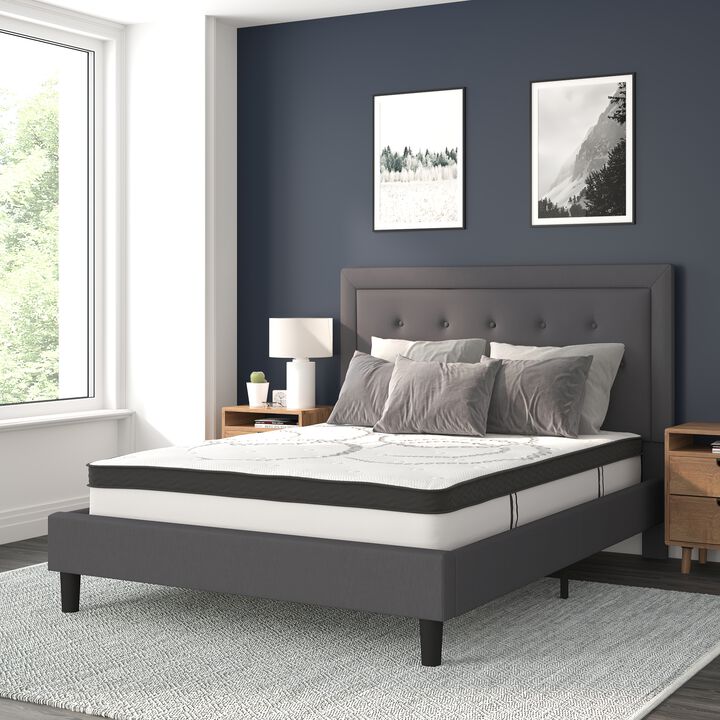 Roxbury Queen Size Tufted Upholstered Platform Bed in Dark Gray Fabric with 10 Inch CertiPUR-US Certified Pocket Spring Mattress