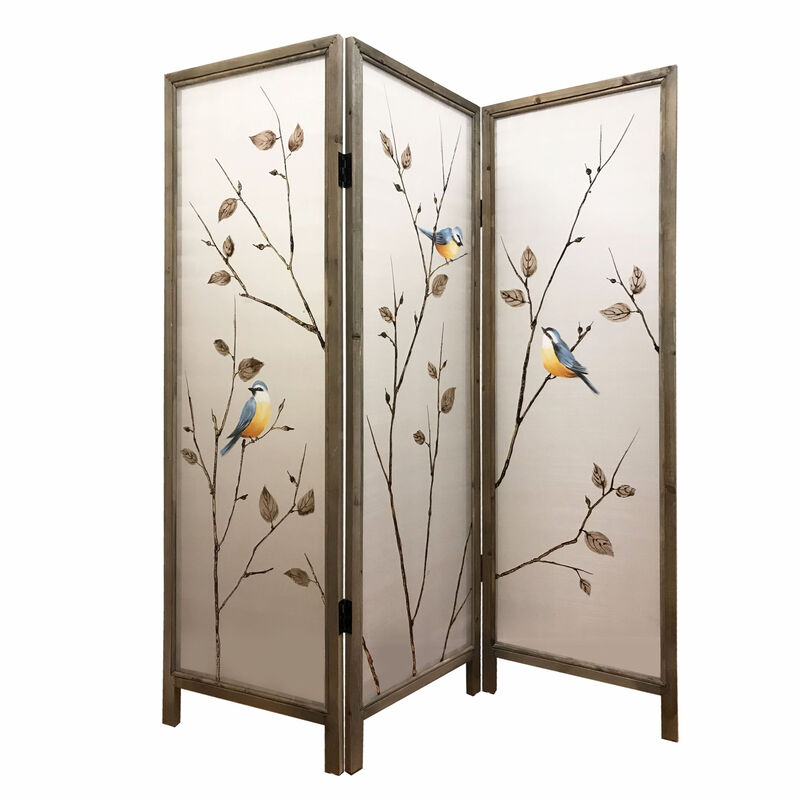 Stylish Fabric and Wood Folding Room Divider with Three Panels for Home or Office
