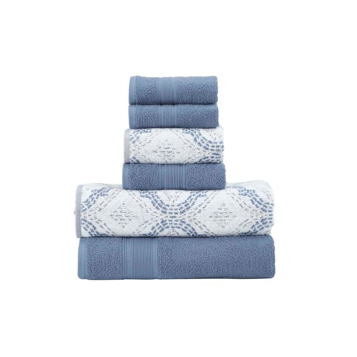 Oya 6pc Cotton Towel Set, Quatrefoil, White, Blue By The Urban Port - Benzara