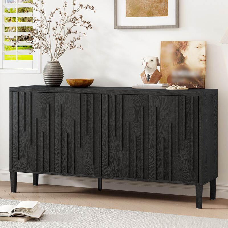 Clihome 59.8" Modern Farmhouse Linear Design Sideboard, 4-Door Ash Veneer Storage Cabinet with Hidden Handles
