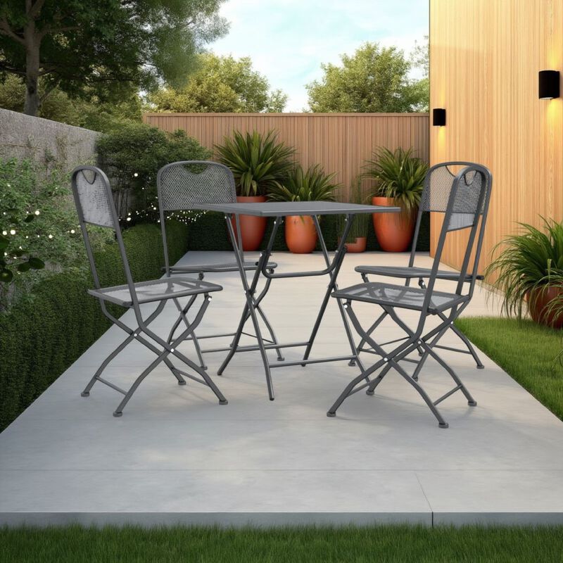 5pc Garden Patio Chair and Table Set, Dark Gray Foldable Mesh Metal - Benzara