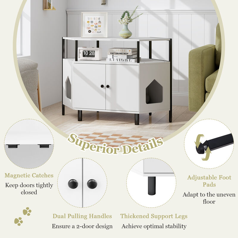 Corner Cat Litter Box Enclosure with Open Shelf 2 Entrances and Metal Legs