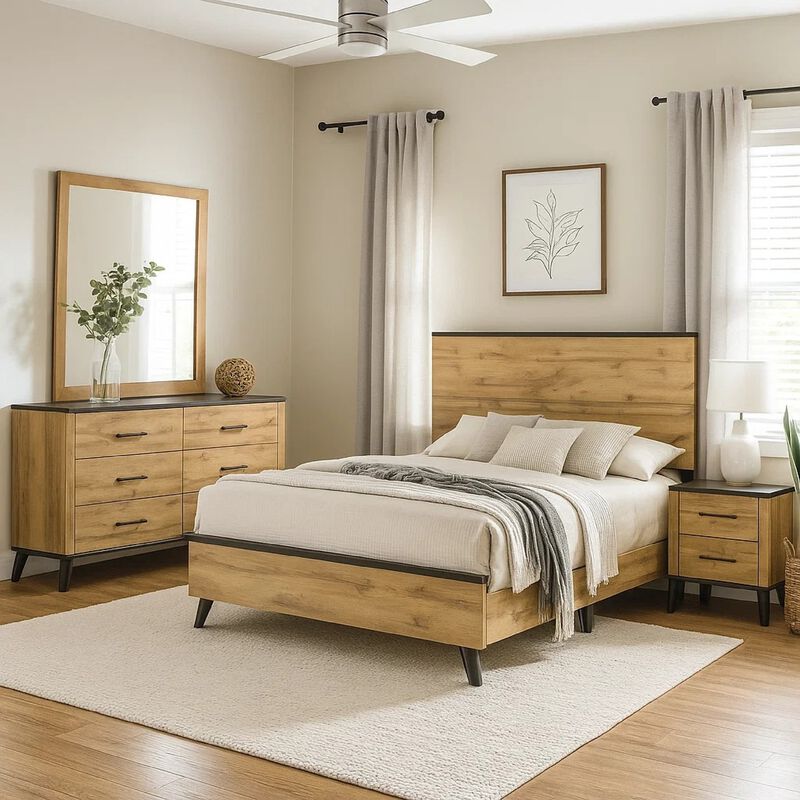 Wemy 4 Piece Full Size Bed Set, Rustic Brown Pine Wood, Tapered Legs image number 1