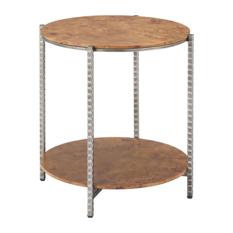 HomeRoots 22" Natural and Silver Wood and Steel Round End Table With Shelf image number 0