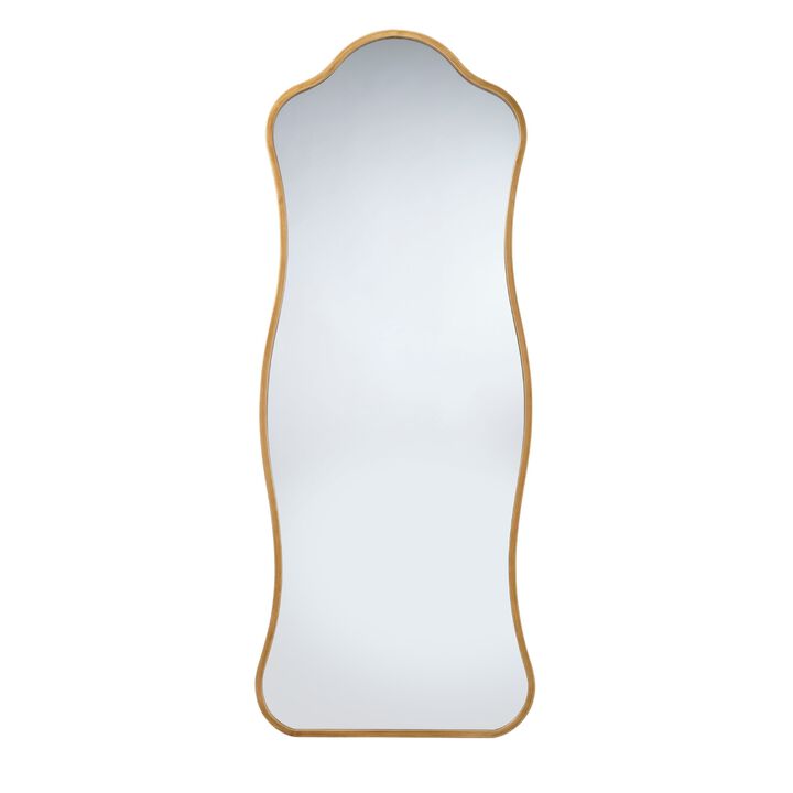 Ari Floor Mirror, 58 Inch, Brass Metal Wavy Frame, Hand Forged Iron - Benzara