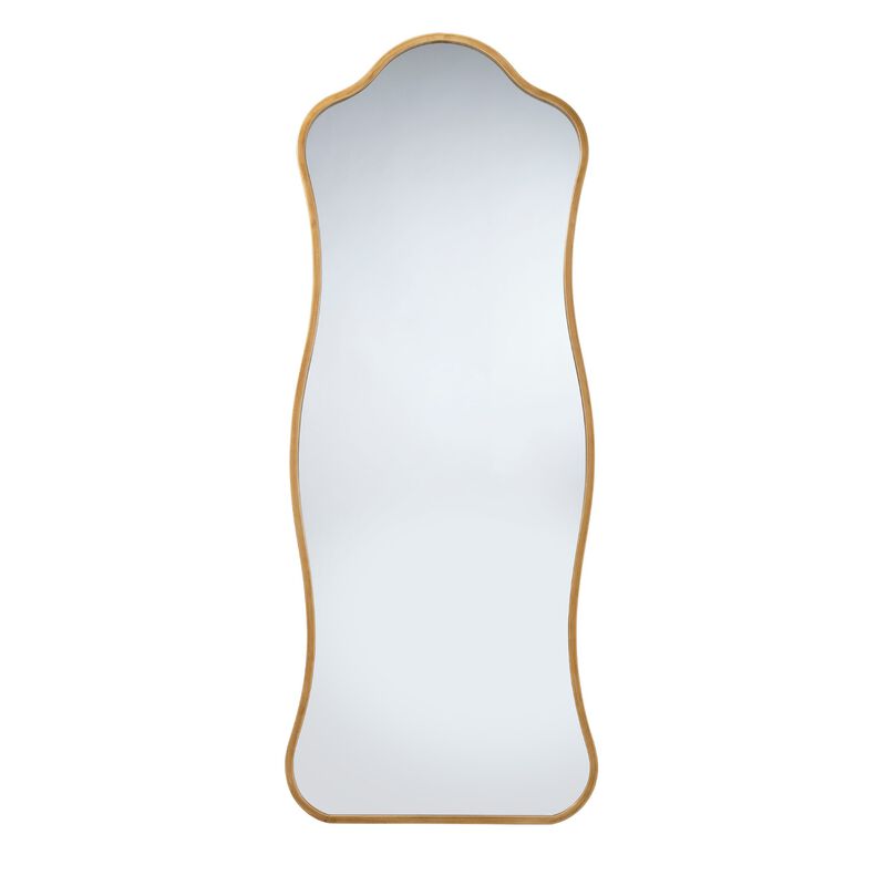 Ari Floor Mirror, 58 Inch, Brass Metal Wavy Frame, Hand Forged Iron - Benzara