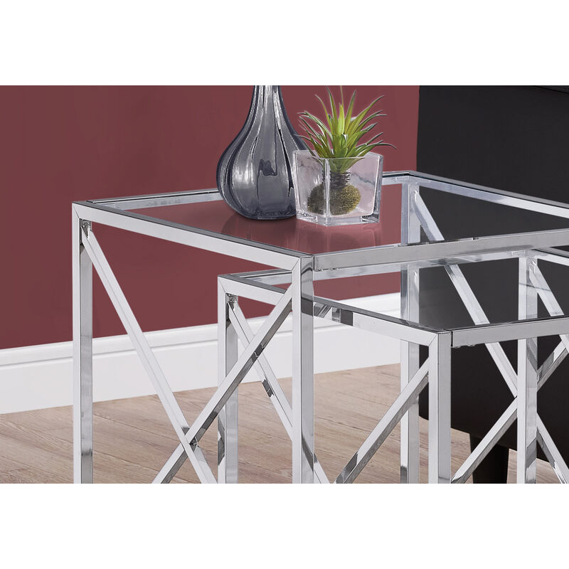 Monarch Specialties I 3441 Nesting Table, Set Of 2, Side, End, Accent, Living Room, Bedroom, Metal, Tempered Glass, Chrome, Clear, Contemporary, Modern