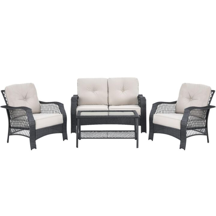 Hivvago 4 Pieces Patio Wicker Furniture Set Loveseat Sofa Coffee Table with Cushion