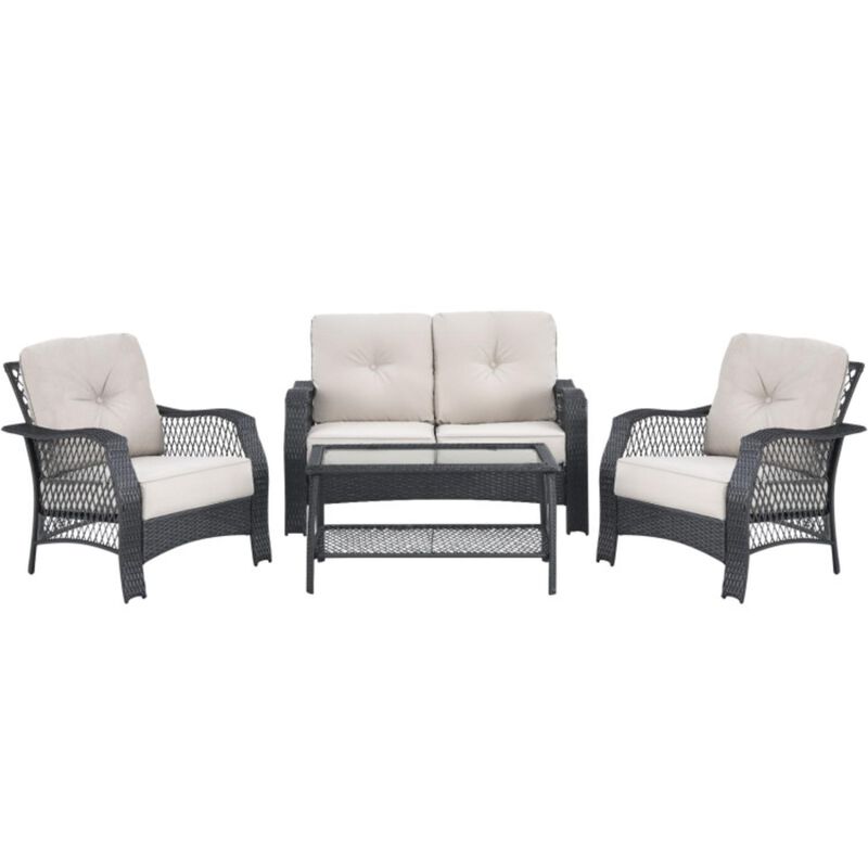 Hivvago 4 Pieces Patio Wicker Furniture Set Loveseat Sofa Coffee Table with Cushion