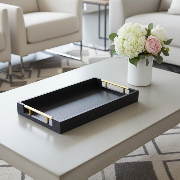 HomeRoots 16" Black Wood Faux Shagreen Serving Tray With Handles