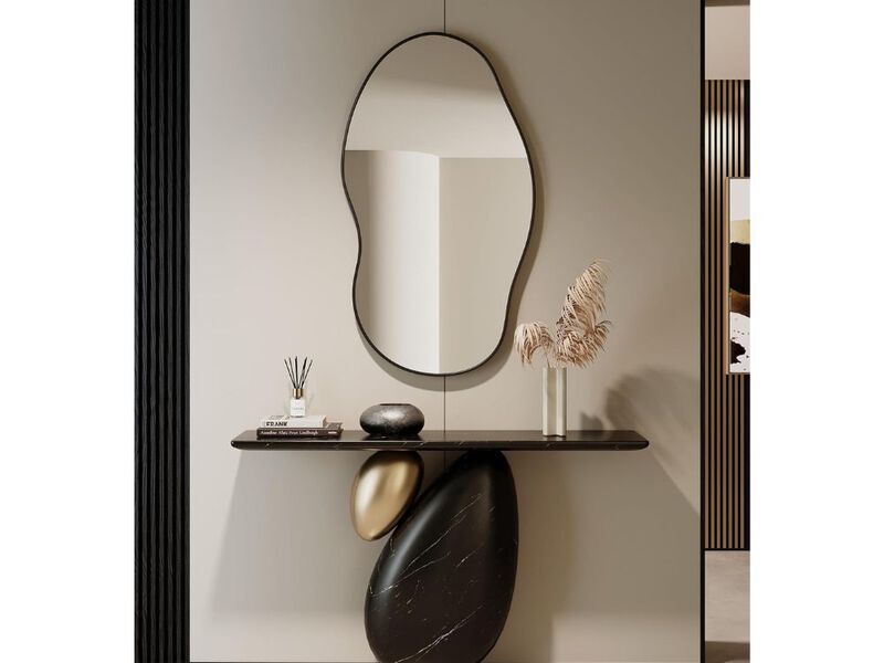Black Wavy Irregular Wall Mirror 36x24 Inch Decorative Alloy Frame Mirror image number 1