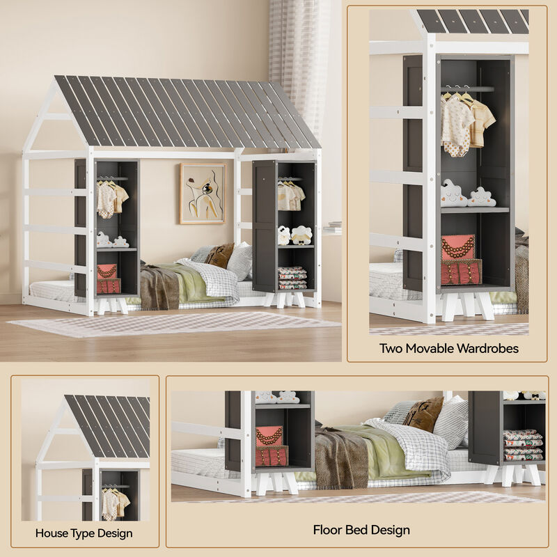 Merax Kids Floor Bed with Two Movable Wardrobes