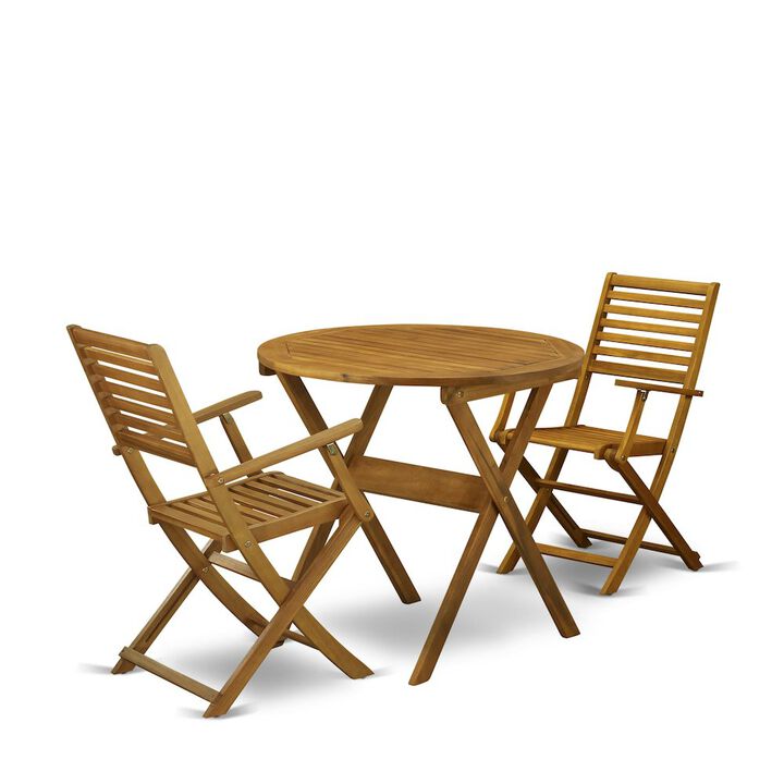 East West Furniture 3-Piece Outdoor Dining Table Set Includes a Bistro Table and 2 Folding Dining Chairs Perfect for Garden, Terrace, Bistro, and Porch - Natural Oil Finish
