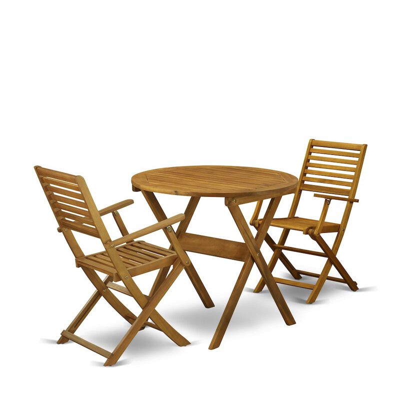 East West Furniture 3-Piece Outdoor Dining Table Set Includes a Bistro Table and 2 Folding Dining Chairs Perfect for Garden, Terrace, Bistro, and Porch - Natural Oil Finish