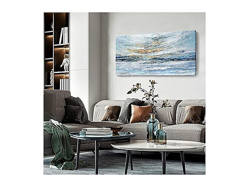 Abstract Wall Art Living Room Large Framed Light Blue Canvas Coastal Theme Ocean image number 3