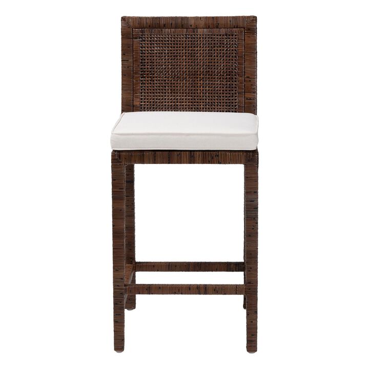 bali & pari Sofia Rattan Counter Stool with Mahogany Wood Frame - Handwoven Wicker Counter Height Chair with Cushion, Coastal Boho Style Kitchen Island Seating, Antique Coffee