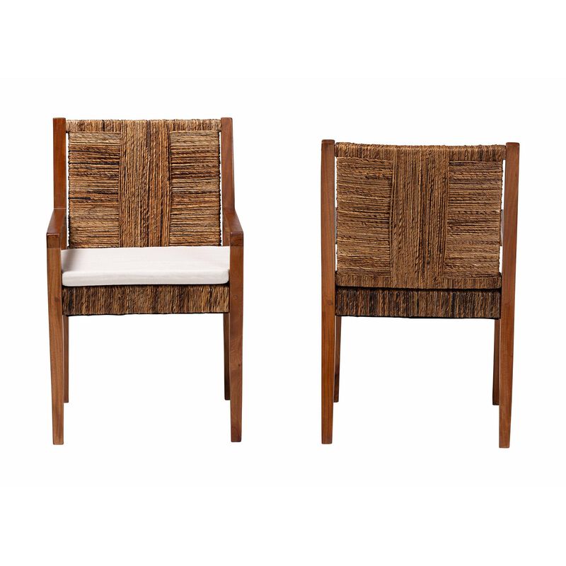 bali & pari Chabela 2-Piece Handwoven Seagrass Armchairs - Solid Mango Wood Frame Dining Chair with Woven Seat and Backrest, Rustic Boho Style Kitchen or Dining Room Seating, Medium Brown