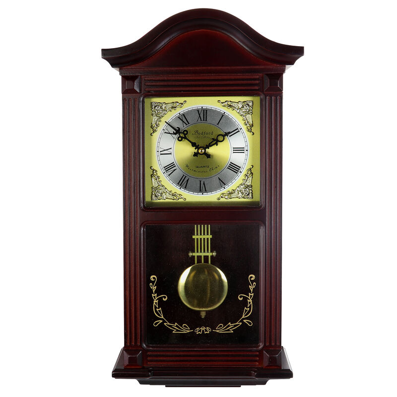 Bedford Clock Collection 22 Inch Wall Clock in Mahogany Cherry Oak Wood with Brass Pendulum and 4 Chimes