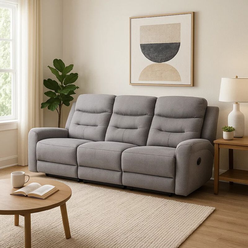 Clair Manual Recliner Sofa, Scroll Arms, 87 Inch, Solid Wood, Gray Fabric image number 6