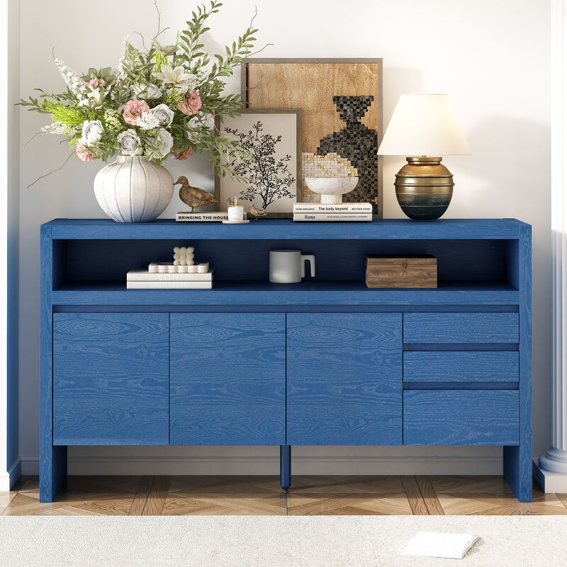TATEUS 60" Modern Veneer 3-Door Sideboard with 3 Drawers & Semi-Open Shelf