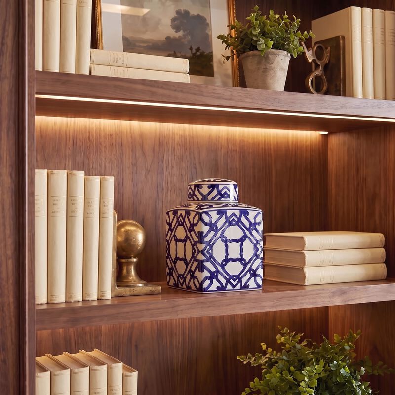 Decorative Square Ceramic Ginger Jar with Lid, Blue and White Geometric Fretwork image number 0