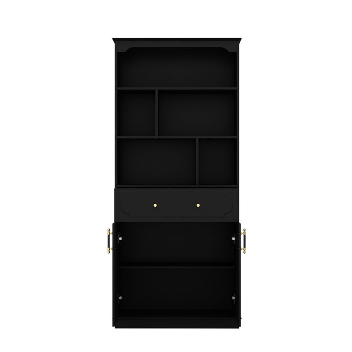 FUFU&GAGA Multi-Tier Storage Cabinet with One Drawer and Two Doors (31.5" W x 11.1" D x 71" H),Black