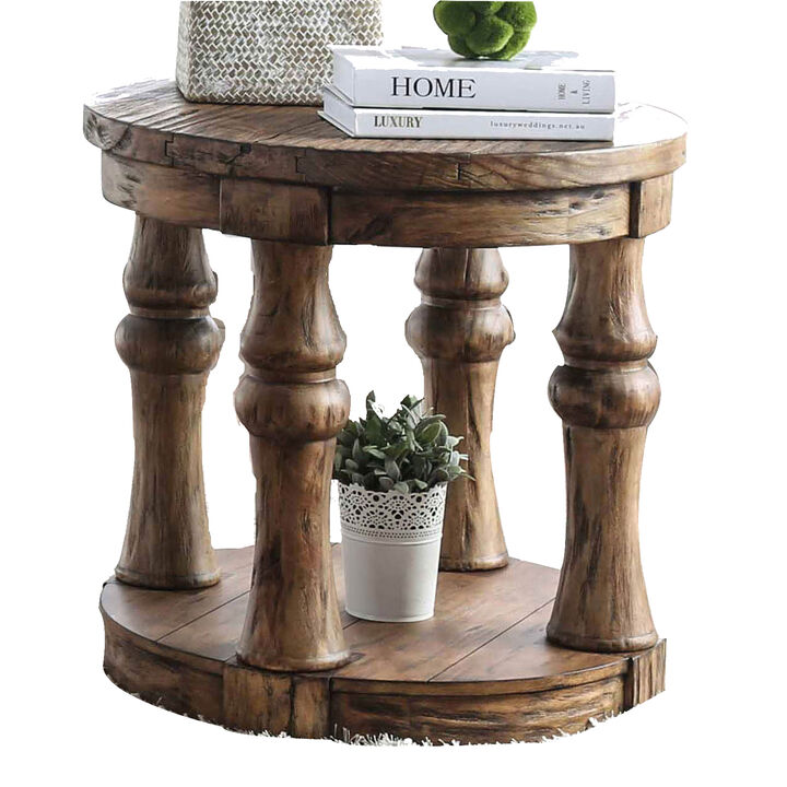 Transitional Round End Table with Open Shelf and Turned Legs,Antique Oak-Benzara