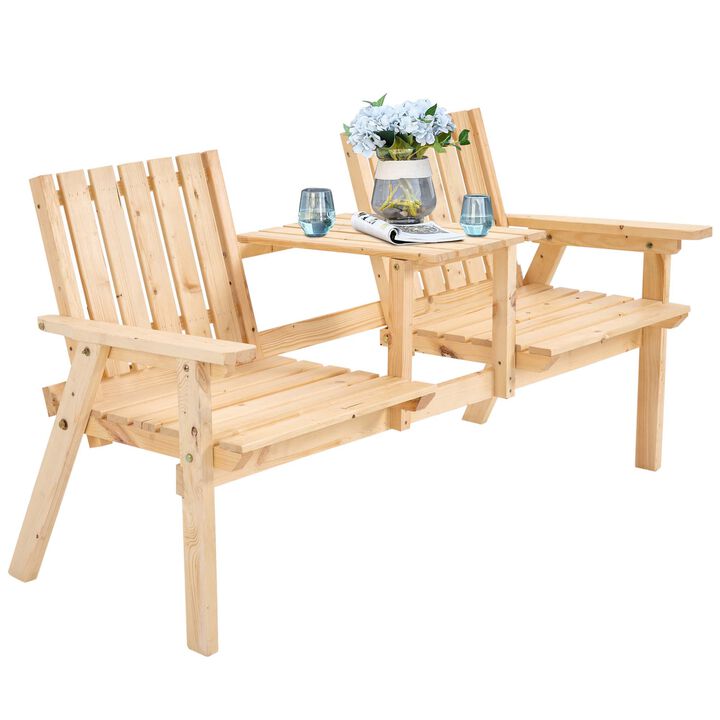 Outsunny Patio Bench, Garden Bench with Middle Table & Umbrella Hole, Wooden Outdoor Bench for Patio, Porch, Poolside, Balcony, Natural