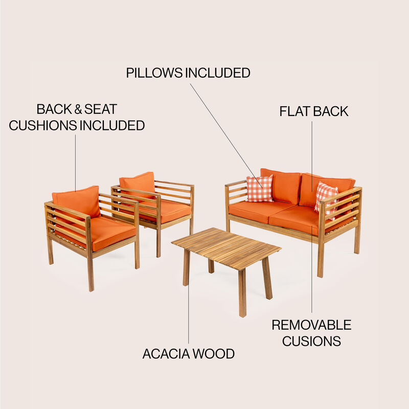 Thom 4-Piece Mid-Century Modern Acacia Wood Outdoor Patio Set with Cushions and Plaid Decorative Pillows