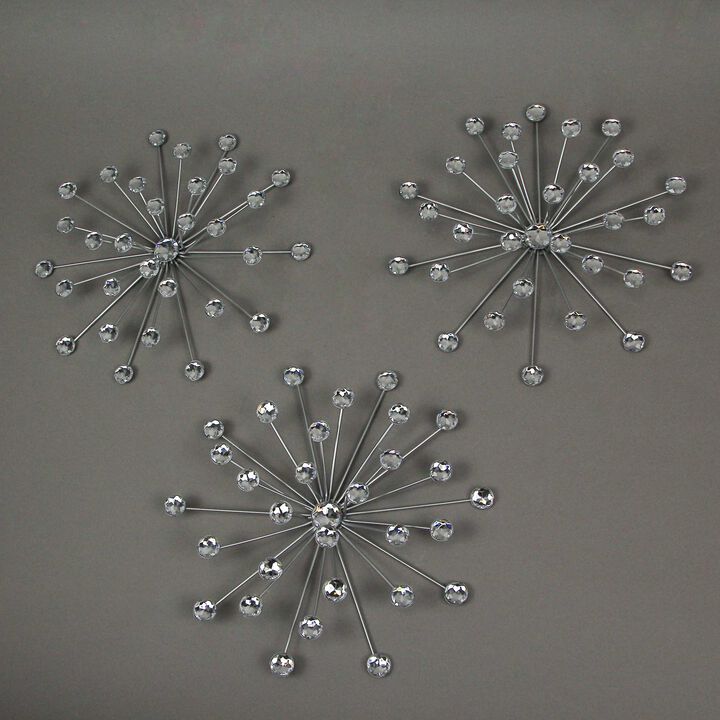 3 Silver Starburst Jeweled Metal Decorative Wall Art Hanging Rhinestone Crystal