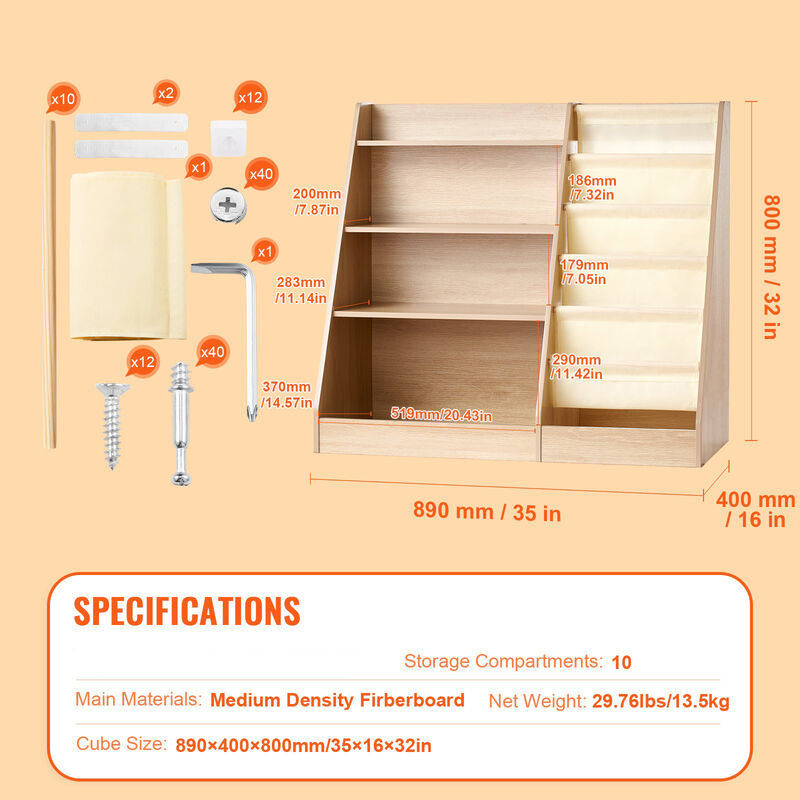 Kids Wooden Bookshelf with 6-Layer Sling Rack – 4-Tier Book & Toy Organizer for Nursery & Playroom