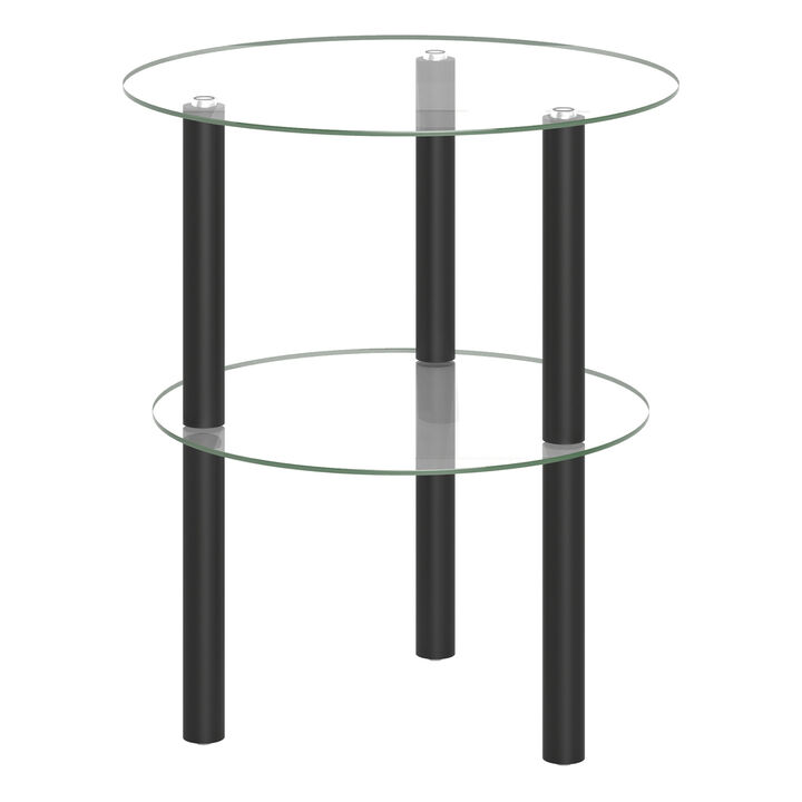 2-Tier Round Side Table with Clear Tempered Glass Top and Storage Shelf for Home Decor