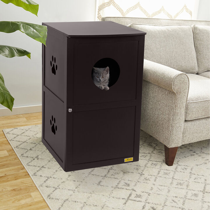 2-Tier Cat Litter Box Enclosure with Multiple Vents Brown