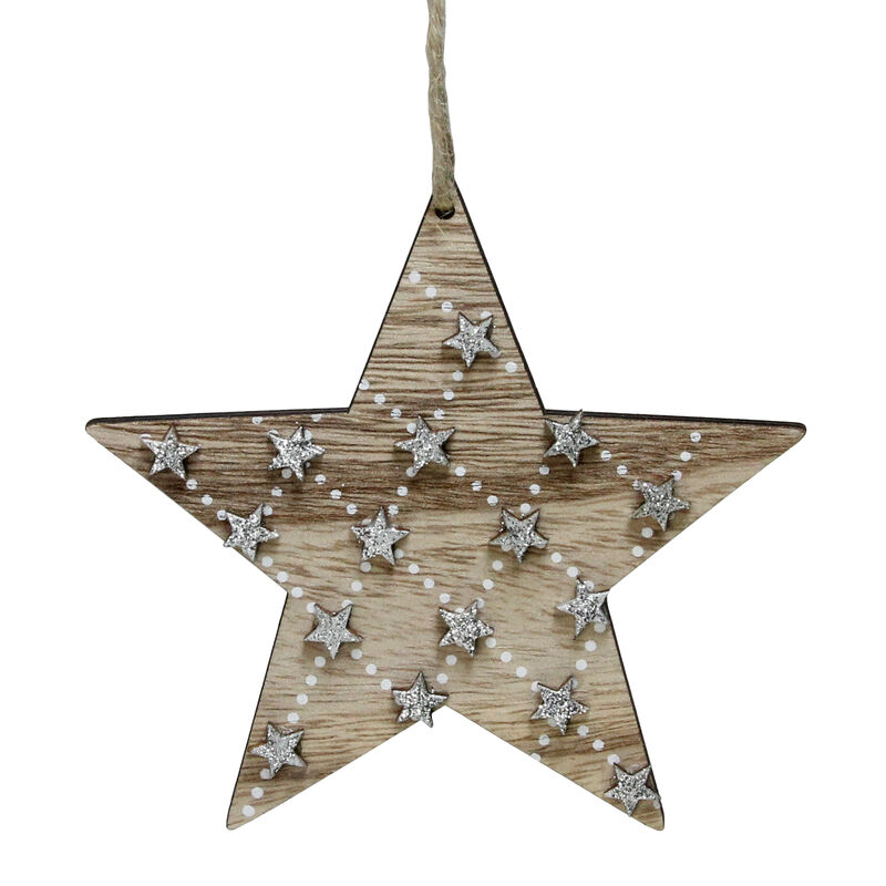 4.5" Brown and Silver Wooden Star Hanging Christmas Ornament image number 1
