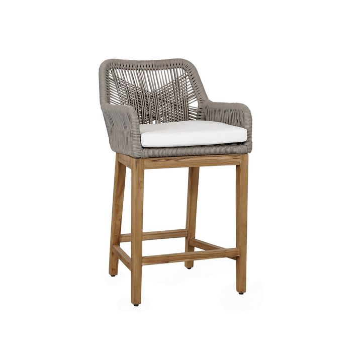 Navi 27 Inch Outdoor Counter Stool Chair, Woven Rope, Gray, Brown Teak - Benzara