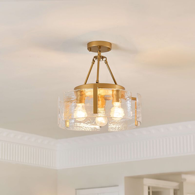 Cintia Gloss Brass 3-Light Water Textured Glass Panel Drum Semi Flush Mount image number 3