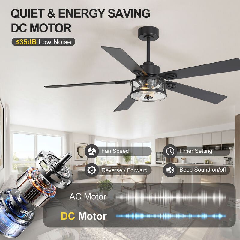 Breezary 56" Ceiling Fan with Lights, 5 Wood Blades, 6 Speed Remote Control, E12 Light Kit image number 3