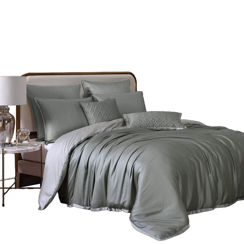 Keo 8pc Queen Comforter Set, Reversible, Shams, Sage Gray Silky Fabric