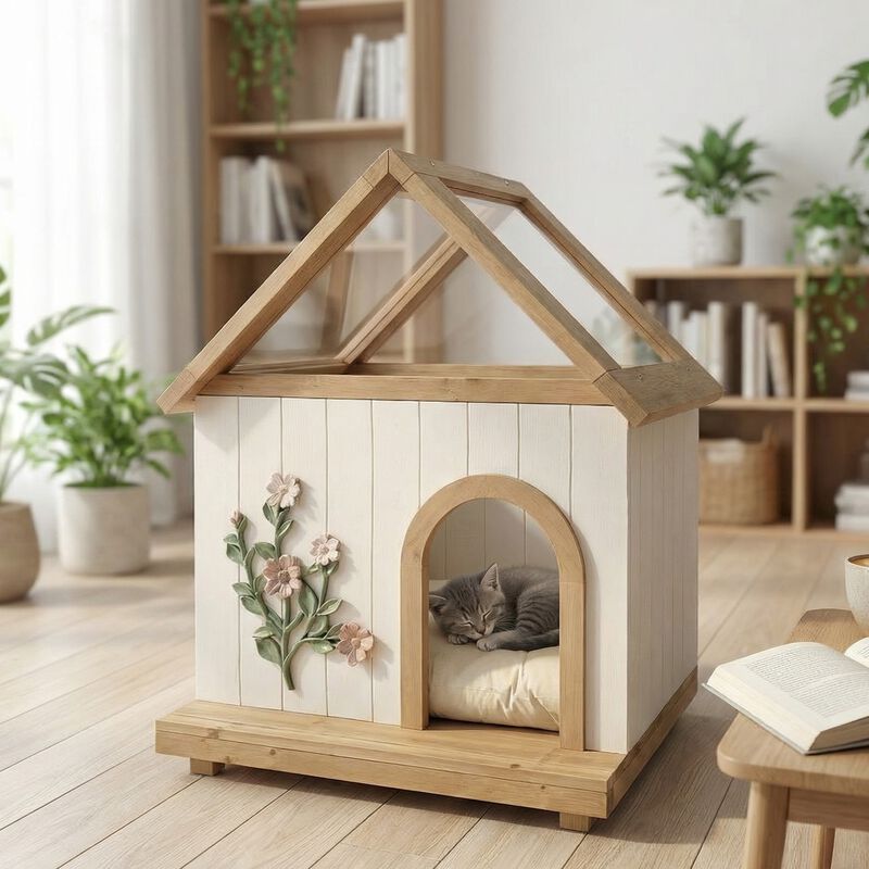 Transparent Roof Pet House with Floral Carving, Cedar Indoor Shelter for Cats & Small Dogs image number 2