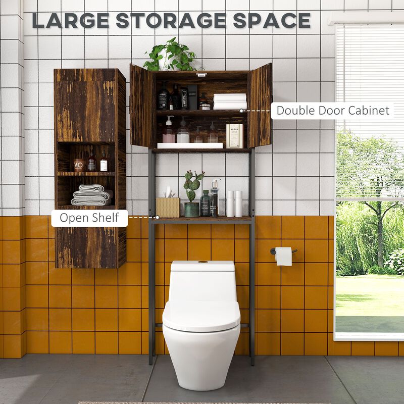 Over The Toilet Cabinet, Industrial Bathroom Above Toilet Storage with Double Door Cupboard and Adjustable Shelf, Brown