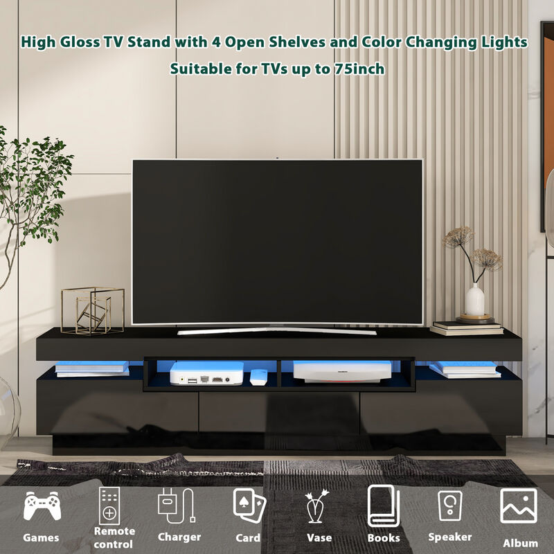 TV Stand with 4 Open Shelves, Modern High Gloss Entertainment Center for 75 Inch TV, Universal TV Storage Cabinet with 16-color RGB LED Color Changing Lights, Black