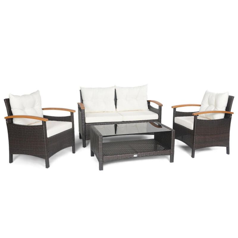 Hivvago 4 Pieces Patio Rattan Furniture Set with Cushioned Sofa and Storage Table