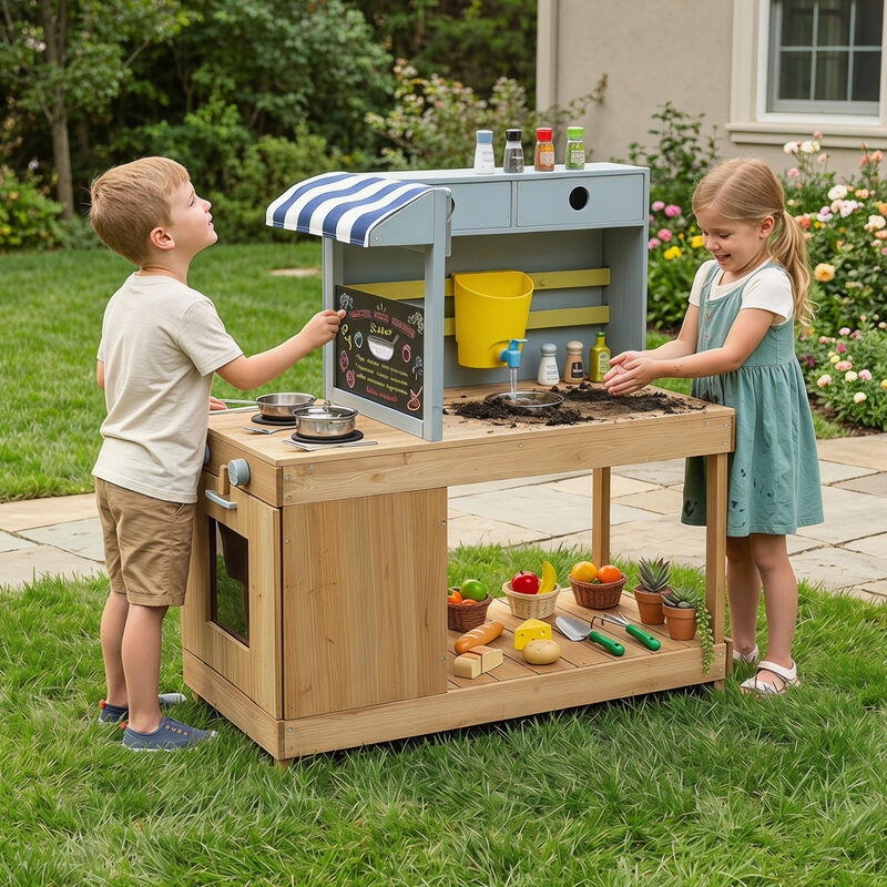 Outdoor Kids Wooden Kitchen Playset with Canopy and Faucet image number 1