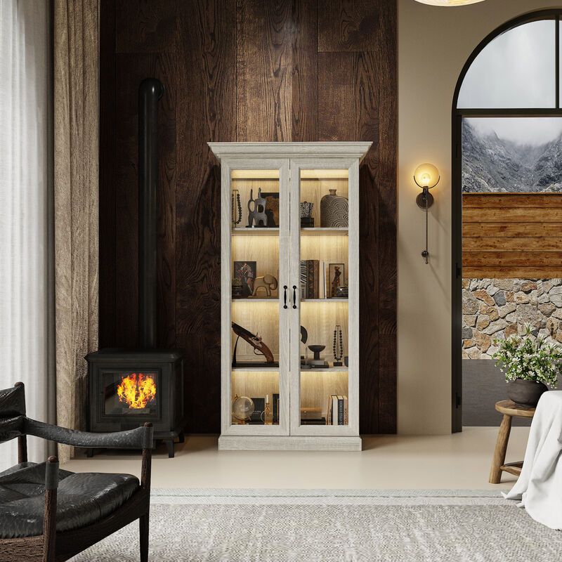 FUFU&GAGA Tall Glass Display Cabinet with LED Strip Light (37" W x 18.5" D x 69.3" H), Saw-Cut Gray Oak Finish