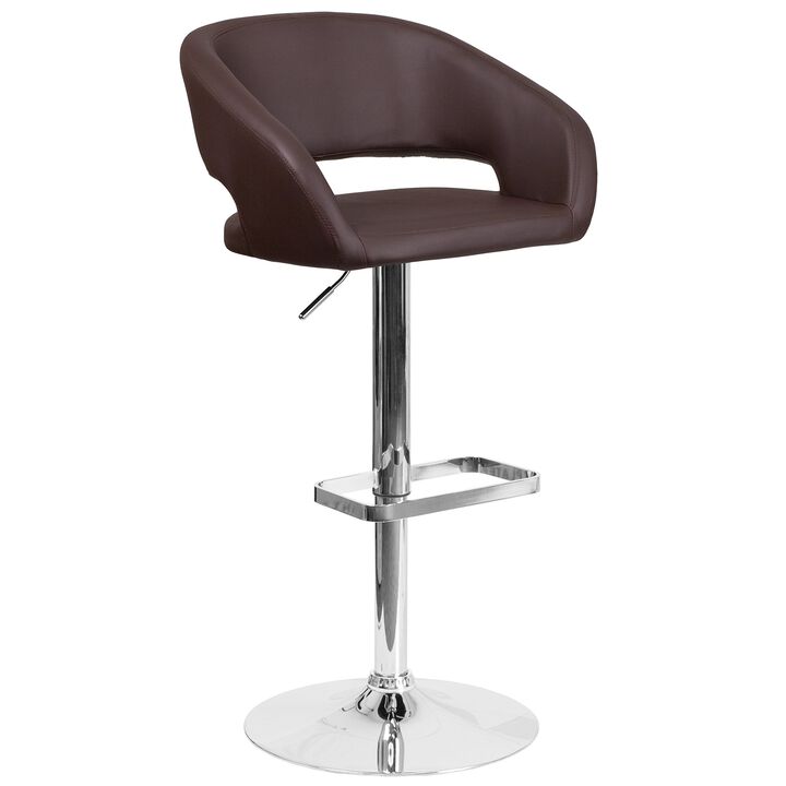 Flash Furniture Erik Comfortable & Stylish Contemporary Barstool with Rounded Mid-Back and Foot Rest, Adjustable Height - Brown Vinyl with Chrome Base